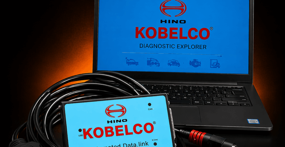 Kobelco Excavator Diagnostic Tool for SK-8 series machines with Hino DX2 Diagnostic Explorer software fully installed on a laptop.