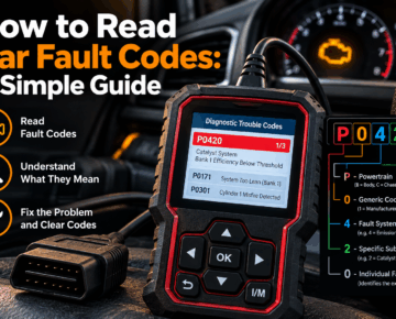 AdBlue reset tool connected to a vehicle showing AdBlue warning light, SCR system reset and diagnostic functions.